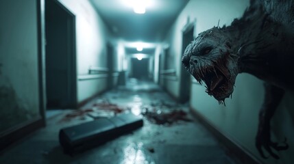 Eerie hallway scene featuring a monstrous creature in a dimly lit corridor with blood traces