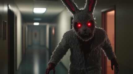 Eerie humanoid rabbit figure with glowing eyes stalking a dimly lit hallway in a surreal setting