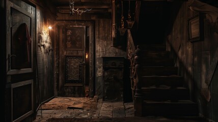 An old wooden cabin stands in a misty forest, surrounded by overgrown