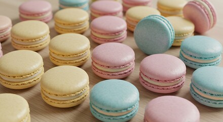 Fototapeta premium Colorful assortment of macarons arranged neatly on a wooden surface