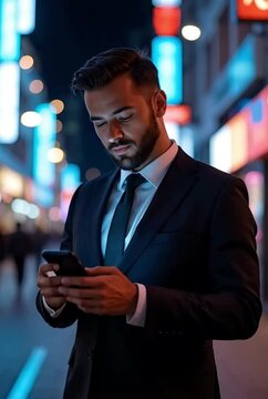 Man on street using smartphone for cab booking and chatting. Urban lifestyle, young man texting and ordering ride, casual city scene.

