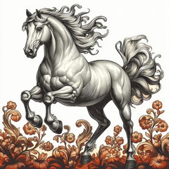 Majestic Rearing Horse in Vintage Engraving Style Intricate Line Art and Floral Background