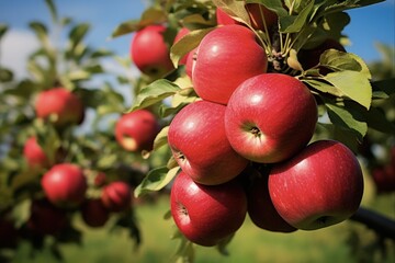 Healthy Apple Trees with Red Apples. Agriculture and Nature in a Fruit Farm Garden Landscape
