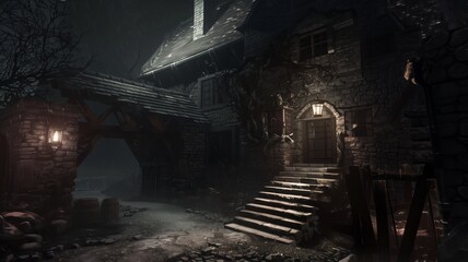 Obraz premium An old abandoned house stands in a dark, eerie landscape, surrounded by dead trees and overgrown vegetation