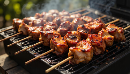 Marinated lamb skewers grilling outdoors under sunlight, cozy barbecue