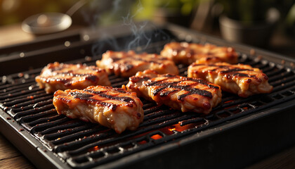 Grilled lamb cutlets sizzling on barbecue, evening warmth