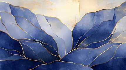 Abstract blue and gold watercolor floral art.