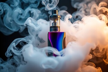 A modern vape device stands on a dark background, surrounded by swirling vapor. Generative ai