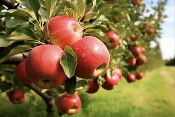 Healthy Fruit Farm Landscape with Apple Trees and Red Apples in Green Agriculture Nature Growth