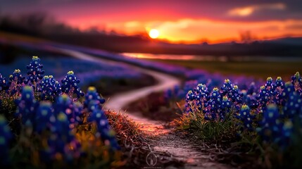 Vibrant sunset over a winding path through a field of bluebonnet flowers in springtime