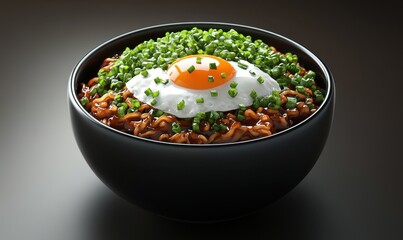 Spicy noodles, fried egg, chives, dark bowl, food photography, recipe illustration