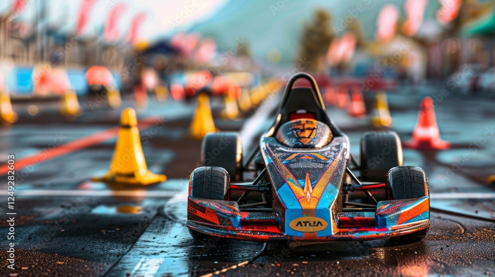 Poster a go kart stands in focus on a wet racing track, bright cones surrounding it. the background feature