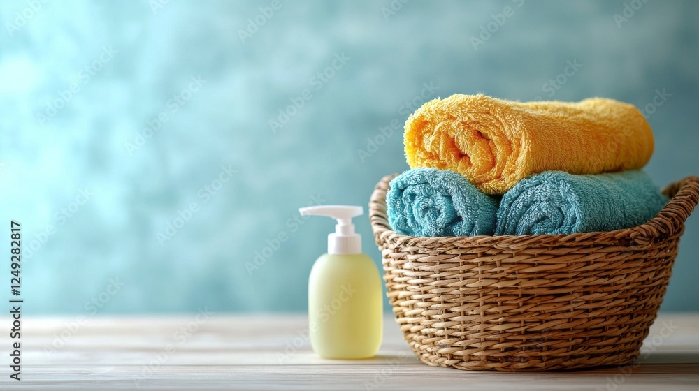Poster a basket filled with neatly stacked clean towels in vibrant colors sits on a wooden table, accompani