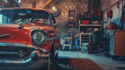 A weathered vintage car with faded red paint sits inside a cluttered garage