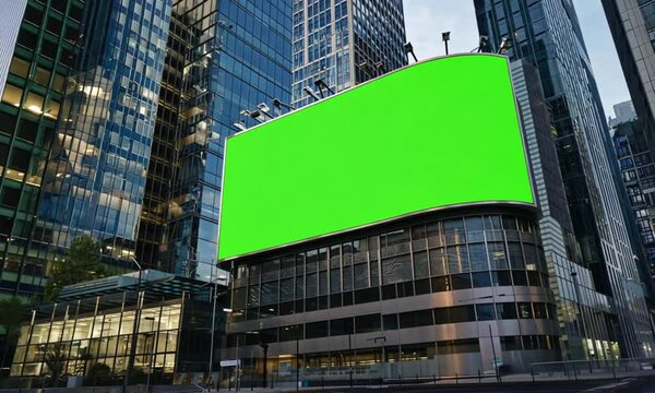 Large digital billboard with green screen in urban setting