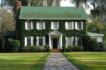 Charming green-covered house with a welcoming pathway surrounded by lush greenery and trees in a tranquil neighborhood during daytime