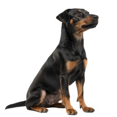 Obraz premium Miniature Pinscher Sitting Against White Background