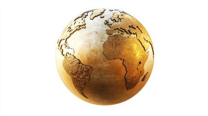 Golden Earth globe, detailed, 3D render, isolated background, education, geography, illustration, world map