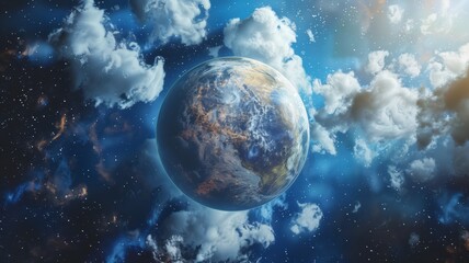 A massive blue planet rises above soft, floating clouds in a bright sky