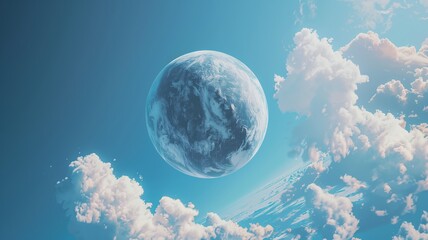 A vibrant planet floats in deep space, surrounded by glowing clouds and distant stars