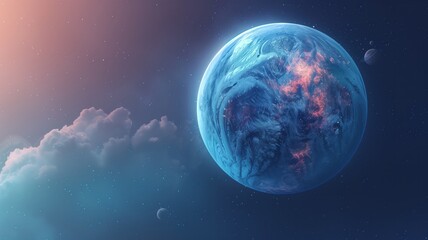 A glowing blue planet with swirling clouds and illuminated surface details