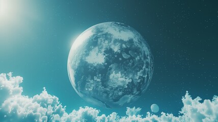A glowing blue planet with swirling clouds and illuminated surface details