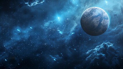 A glowing blue planet with swirling clouds and illuminated surface details