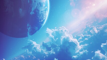A glowing blue planet with swirling clouds and illuminated surface details