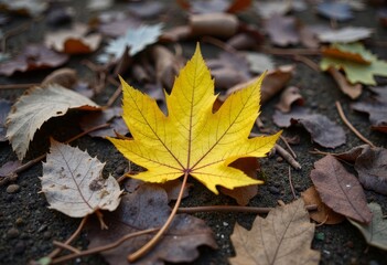 Bright Yellow Maple Leaf Among Autumn Leaves on the Ground