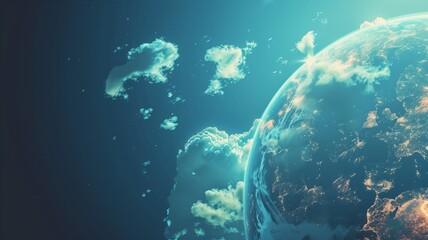 A luminous planet with swirling clouds and glowing city lights
