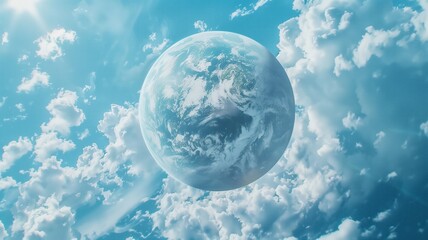 A majestic blue planet with swirling white clouds floats in a luminous sky