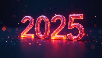 Shiny red 2025 letters with bokeh lights on dark backdrop. New Year.