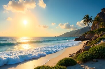Obraz premium Tropical beach with ocean and palm trees