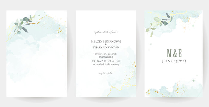 Herbal eucalyptus and gold vector frames. Hand painted branches, leaves on white backgrounds. Greenery wedding simple minimalist invitations. Watercolor cards. All elements are isolated and editable
