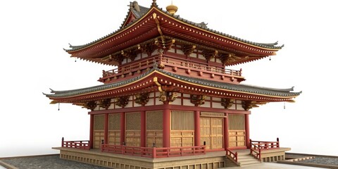 3D Render Two-Story Pagoda, Red and Gold, Japanese Architecture, Detailed Model, White Background. Japanese Temple, 3D Model Japanese architecture, 3D rendering