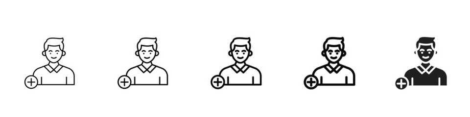 set of 5 pixel perfect User add icon with 1 unexpanded, 1 silhouette, User add for user registration, account creation and team management designs