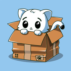 Cute Cat Peeking from Box Cartoon Vector Icon Illustration Animal Pet Icon Isolated Flat Vector