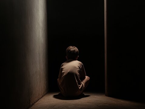 Frightened boy hiding alone in dark closet