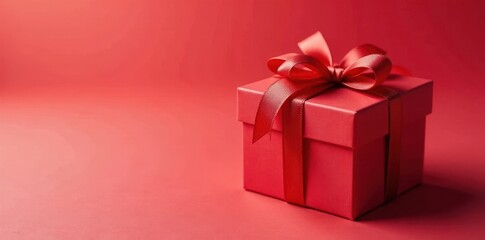 Obraz premium Red heart-tied gift box, festive ribbon, present inside, ribbon, box