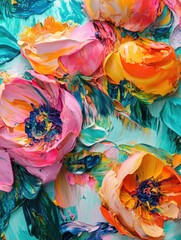 A colorful abstract floral artwork with bold strokes and vivid hues of pink, yellow, orange and green.