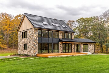 A contemporary stone house, featuring expansive windows, is nestled in a lush forest area, embraced by vibrant autumn foliage on a cloudy day