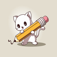 Cute Cat Holding Big Pencil Drawing Cartoon Vector Icon Illustration Education Object Icon Isolated Flat Vector