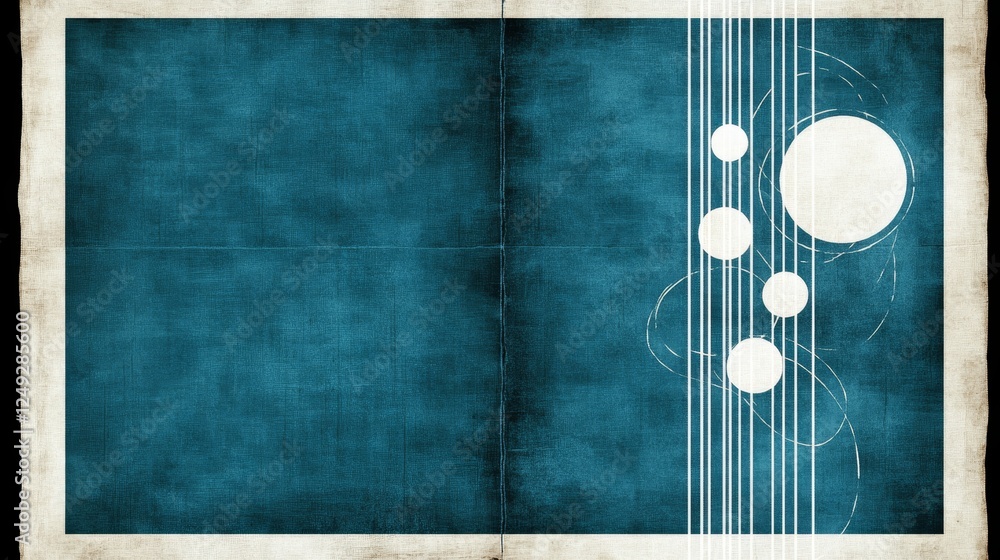 Poster abstract circles and lines design on textured blue background with off white border and page fold.