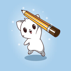 Cute Cat Jumping with Pencil Cartoon Vector Icon Illustration Education Object Icon Isolated Flat Vector