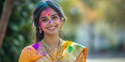 A beautiful young Indian woman wearing a yellow sari adorned with multi-colored powder, smiling and embracing the joyous holi festival tradition.