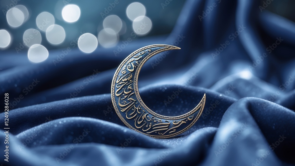 Aufkleber Decorative crescent moon on soft blue fabric with shimmering lights creating a serene atmosphere
