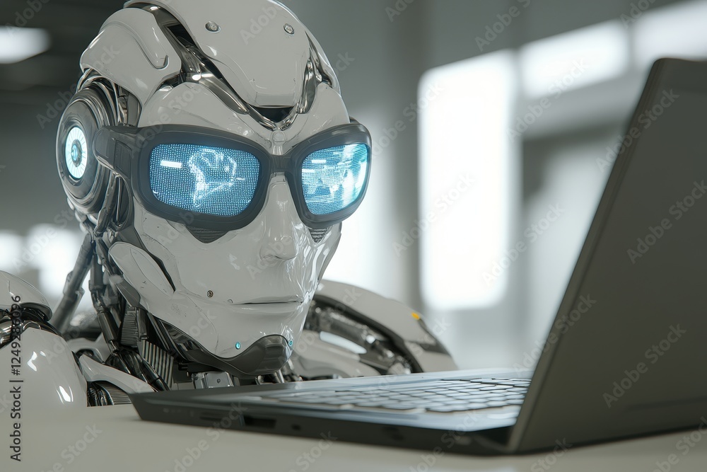 Poster futuristic robot working on laptop with high-tech glasses display