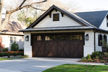 A house with a garage has a wooden door with a cross on it. The house is surrounded by a yard with some plants and a few leaves on the ground