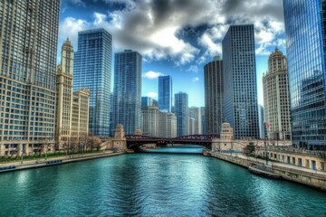 Naklejka premium The stunning architectural beauty along the Chicago River showcases modern skyscrapers that beautifully reflect the vibrant skyline on a clear day