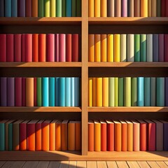 Fototapeta premium Rainbow Bookcase Colorful Bookshelf Composition, 3D Render, Wooden Shelves, Library, Books, Gradient, Bookshelf Design Library